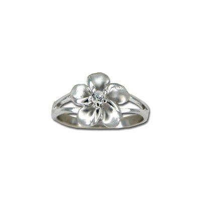 Sterling Silver 12mm Hawaiian Plumeria Ring with Clear CZ - Jewelry - Leilanis Attic