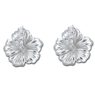 Sterling Silver 15MM Hawaiian Hibiscus with CZ Earrings - Jewelry - Leilanis Attic