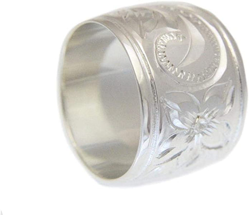 Sterling Silver 15mm Hawaiian Plumeria and Scroll Ring with Straight Edge - Ring - Leilanis Attic