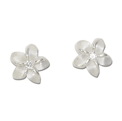 Sterling Silver 15MM White Sand Plumeria with Clear CZ Earrings - Jewelry - Leilanis Attic