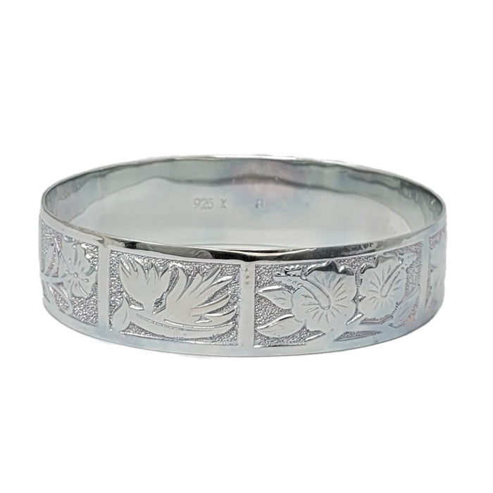 Sterling Silver 18mm Tropical Flowers Straight Edge Bangle - Jewelry - Leilanis Attic