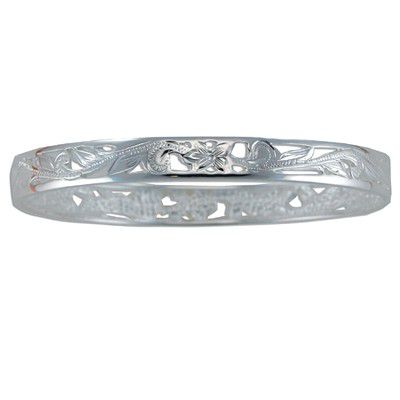 Sterling Silver 8mm Cut-in Hawaiian Plumeria and Scroll with Plain Edge Bangle - Jewelry - Leilanis Attic