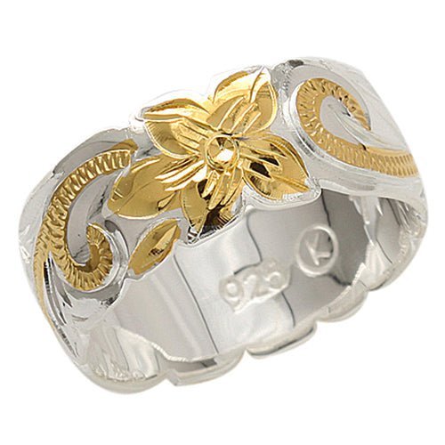 Sterling Silver 8mm Two Tone Hawaiian Plumeria and Scroll Ring with Cut-Out Edge - Ring - Leilanis Attic