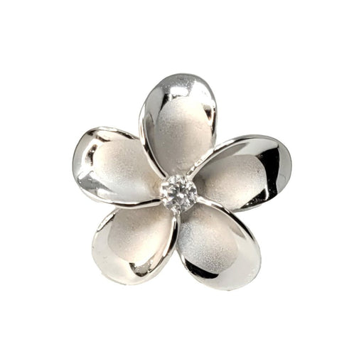 Sterling Silver and Rhodium Plated Large 22mm Plumeria Ring with Clear CZ - Ring - Leilanis Attic