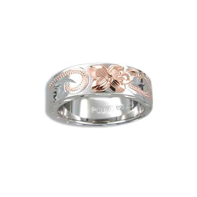 Sterling Silver Engraved 14kt Rose Gold Plumeria and Scroll Ring - Jewelry - Leilanis Attic