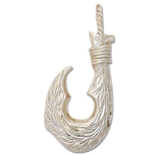 Sterling Silver Hawaiian Fish Hook with Two Sided Engraved Maile Leaf Pendant, Large - Jewelry - Leilanis Attic