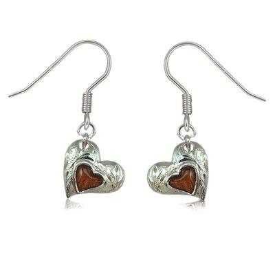 Sterling Silver Hawaiian Koa Wood Heart Shaped Fish Wire Earrings