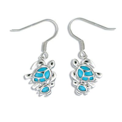 Sterling Silver Hawaiian Mother and Baby Honu Blue Turquoise Earrings - Leilanis Attic