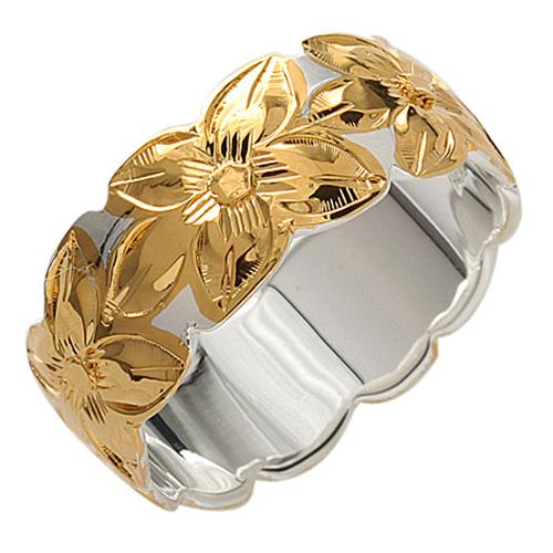 Sterling Silver Two Tone 15mm Hawaiian Plumeria Ring with Cut-Out Edge - Ring - Leilanis Attic