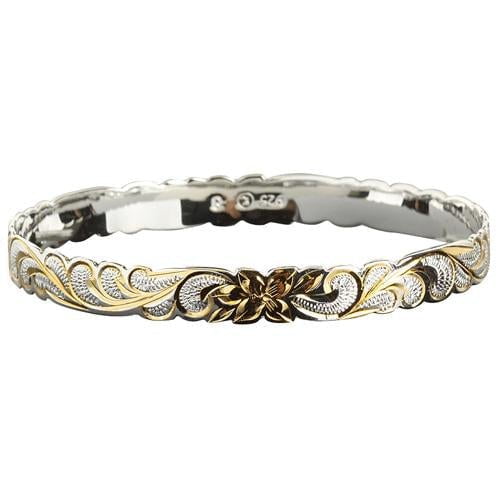 Sterling Silver Two-Tone Gold Plumeria Queen Scroll Cut-Out Edge Bangle, 8mm - Jewelry - Leilanis Attic