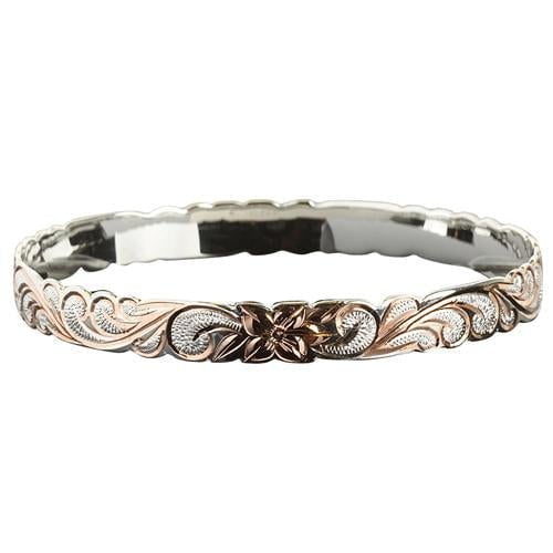 Sterling Silver Two-Tone Rose Gold Plumeria Queen Scroll Cut-Out Edge Bangle, 8mm - Jewelry - Leilanis Attic