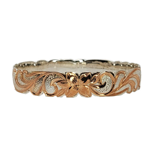 Sterling Silver Two-Tone Rose Gold Queen Plumeria Scroll Cut-Out Edge Bangle, 12mm - Jewelry - Leilanis Attic