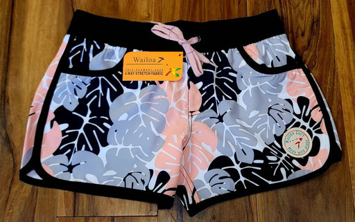 Wailoa “Black/Grey/Pink Leaf” Lady Stretch Volley Shorts - Board Shorts - womens - Leilanis Attic