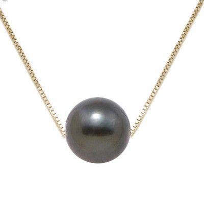 14KT Gold Floating 11mm Black Tahitian Pearl Necklace Box Chain - Leilanis Attic