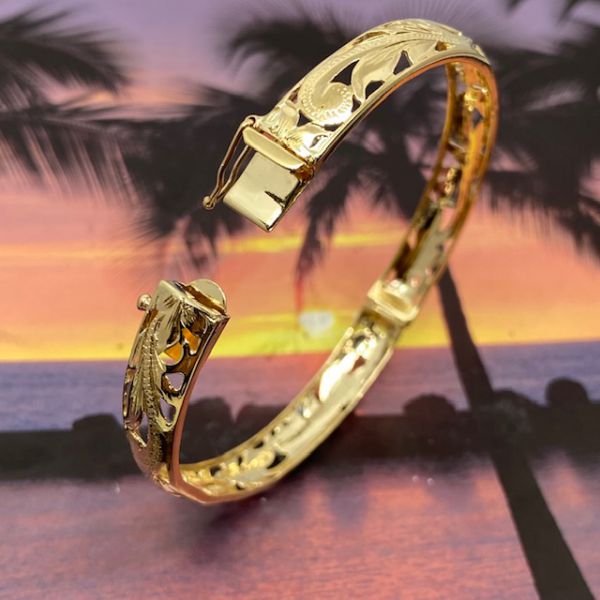 14KT Gold Hawaiian 10mm Cut-in Plumeria Scrolled Bangle with Box Clasp and Hinge - Leilanis Attic