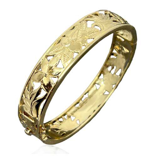 14KT Gold Hawaiian 14mm Cut-in Flower of Hawaii Bangle with Box Clasp and Hinge - Leilanis Attic