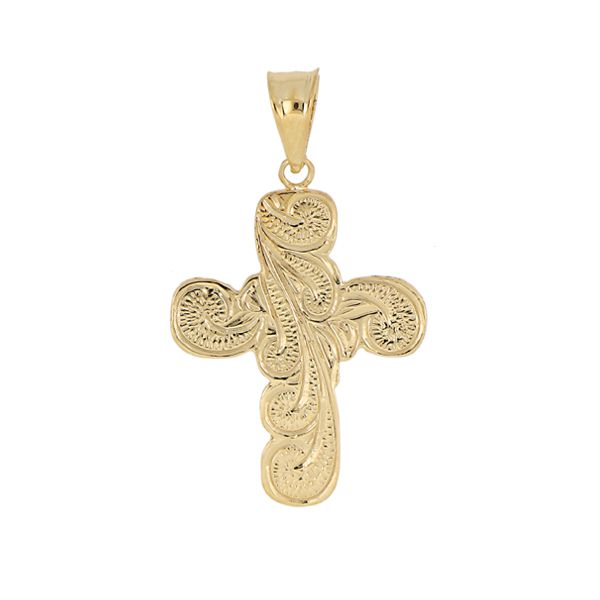 14KT Yellow Gold Large Hand Scrolled Cross Pendant - Leilanis Attic