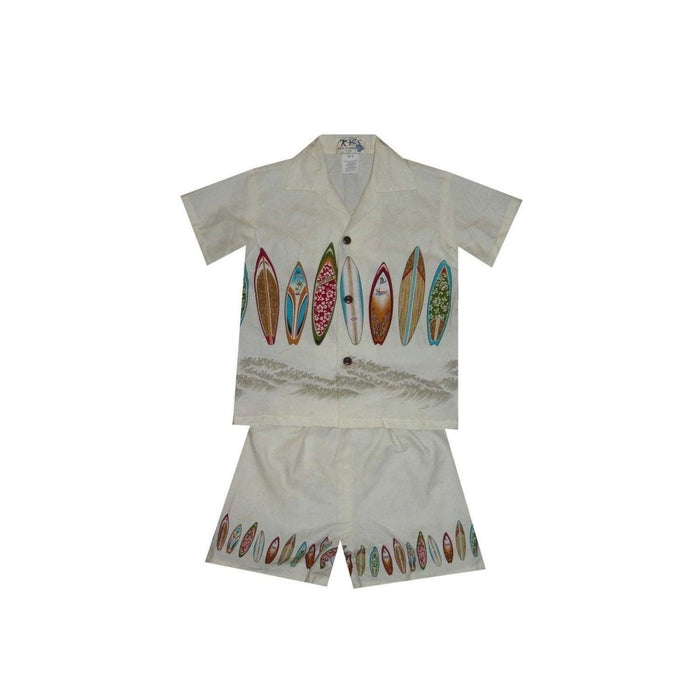 Ky's International Aloha Shirt - Boys Set 2 / White KY's Boys Hawaiian Cabana Set, Surfboard Border