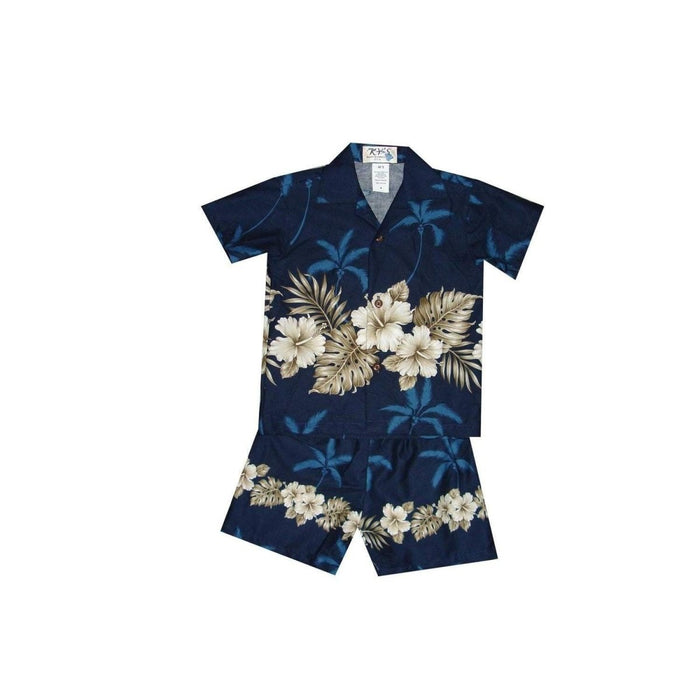 Ky's International Aloha Shirt - Boys Set 2 / Navy Blue KY's Boys Hawaiian Cabana Set, Vintage Hibiscus