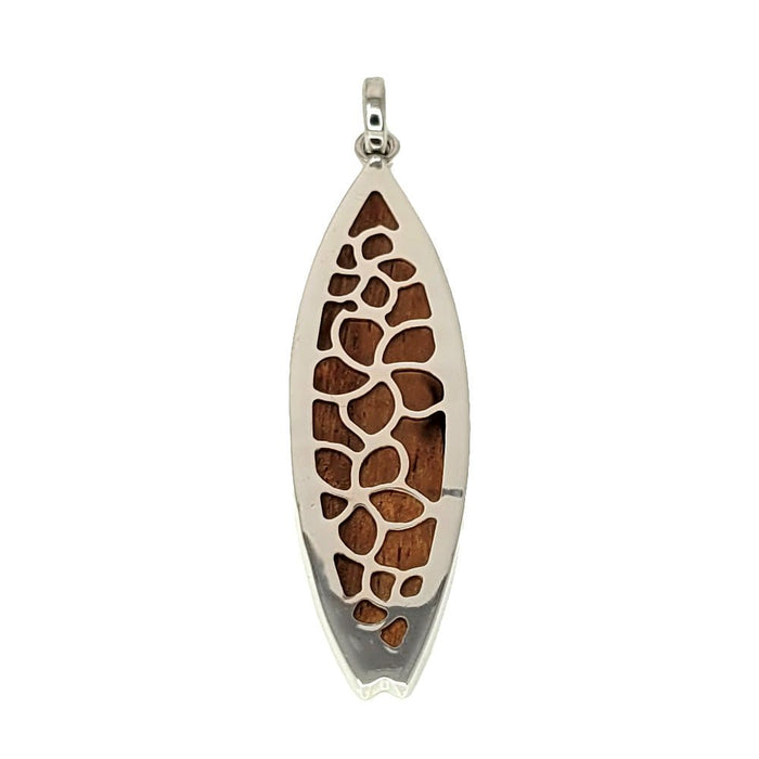 Leilanis Attic Pendant Plumeria Surfboard Pendant with Hawaiian Koa Wood Inlay