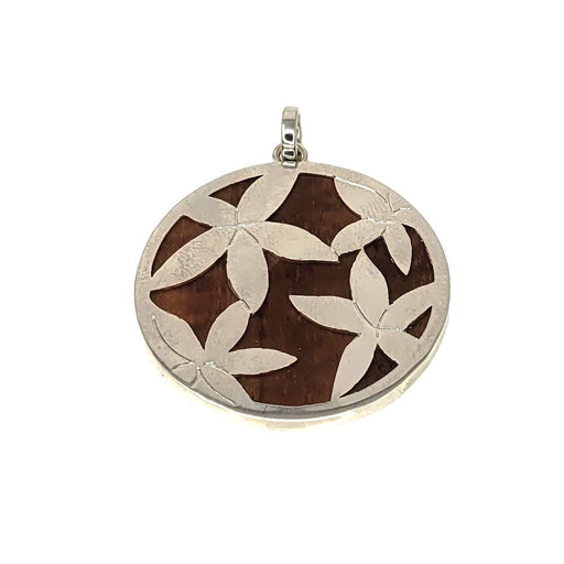 Leilanis Attic Pendant Round Plumeria Pendant with Sterling Silver and Hawaiian Koa Wood Inlay