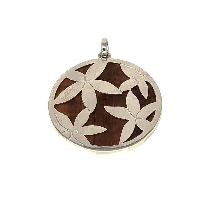 Leilanis Attic Pendant Round Plumeria Pendant with Sterling Silver and Hawaiian Koa Wood Inlay
