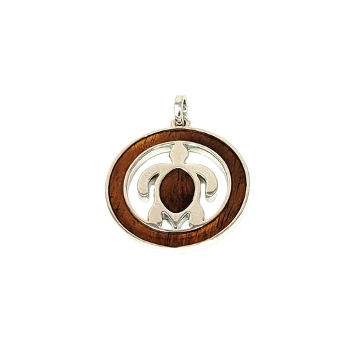 Leilanis Attic Pendant Round Sterling Silver Honu Circle Pendant with Hawaiian Koa Wood Inlay