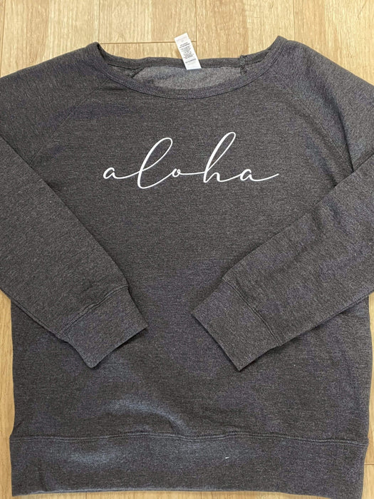 "Aloha Script" Womens Crewneck Sweater, Charcoal - Leilanis Attic