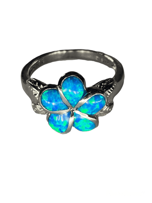 Blue Opal and Sterling Silver Fancy Plumeria Ring, Size 6.5 - Leilanis Attic
