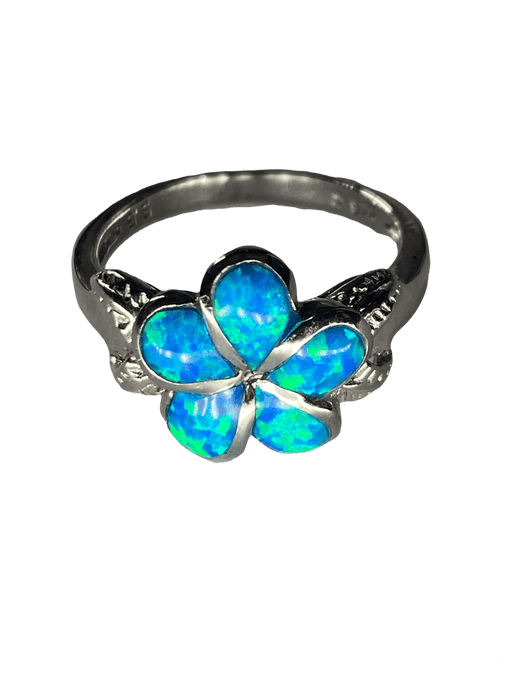 Blue Opal and Sterling Silver Fancy Plumeria Ring, Size 6.5 - Leilanis Attic