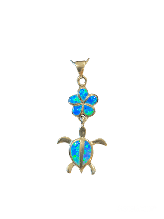 Blue Opal and Sterling Silver Plumeria and Honu Pendant - Leilanis Attic
