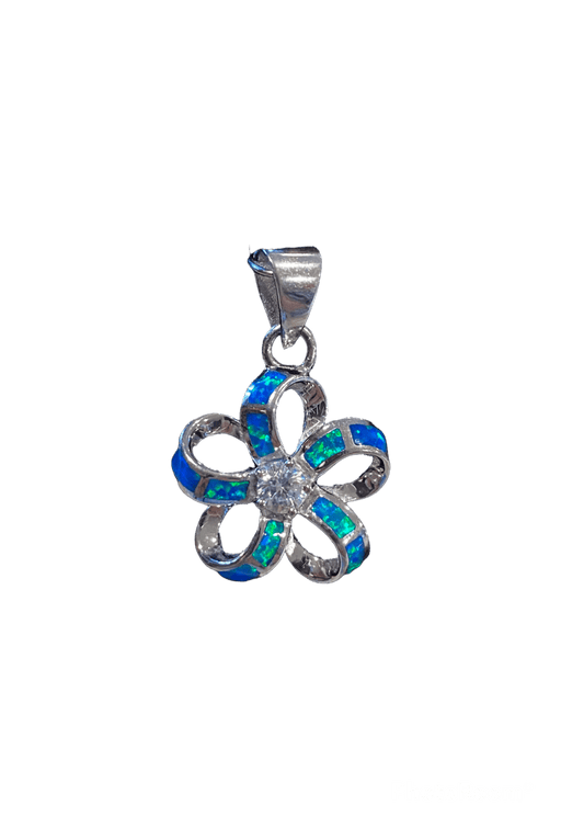 Blue Opal and Sterling Silver Ribbon Cut Plumeria with CZ Pendant - Leilanis Attic