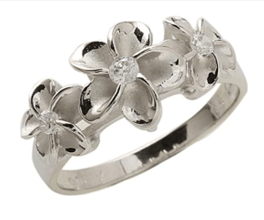 Dainty 6-8-6mm Sterling Silver and Rhodium Plated Three Plumeria Ring with Clear CZ - Leilanis Attic