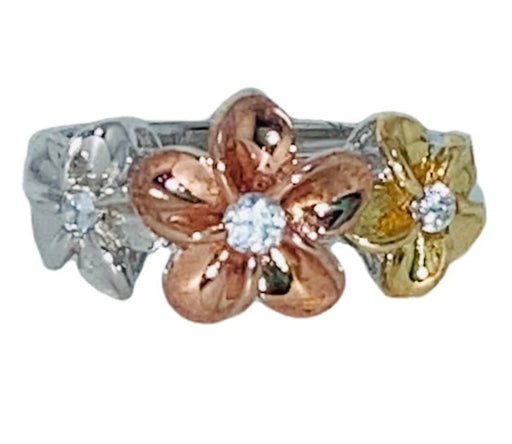 Dainty 6-8-6mm Sterling Silver Tri-Color and Rhodium Plated Three Plumeria Ring with Clear CZ - Leilanis Attic