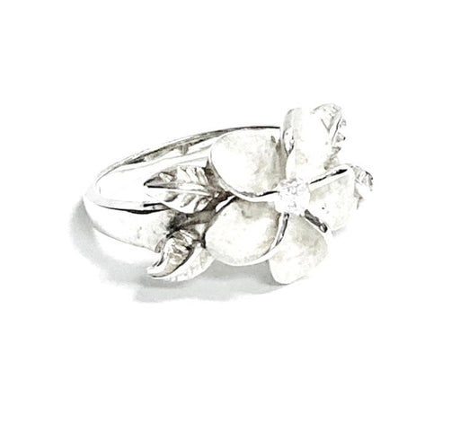Dainty Sterling Silver 12mm 4-Leaf Plumeria Ring with Clear CZ - Leilanis Attic