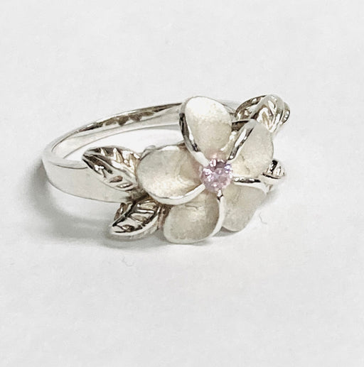 Dainty Sterling Silver 12mm 4-Leaf Plumeria Ring with Pink CZ - Leilanis Attic
