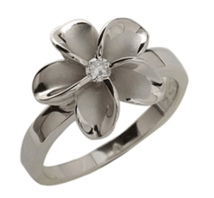 Dainty Sterling Silver and Rhodium Plated 14mm Plumeria Ring with Clear CZ - Leilanis Attic