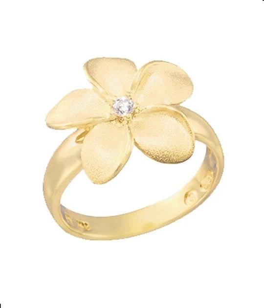 Dainty Sterling Silver Gold Tone and Rhodium Plated 14mm Plumeria Ring with Clear CZ - Leilanis Attic