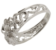 Dainty Sterling Silver Plumeria Ring with Clear CZ and Scrolls - Leilanis Attic