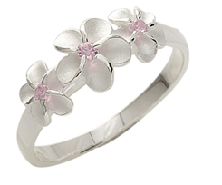 Dainty Sterling Silver Three Plumeria Ring with Pink CZ - Leilanis Attic