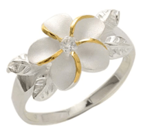 Dainty Sterling Silver Two Tone 4-Leaf Plumeria Ring with Clear CZ - Leilanis Attic