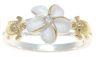 Dainty Sterling Silver Two Tone Plumeria & Honu Ring with Clear CZ - Leilanis Attic