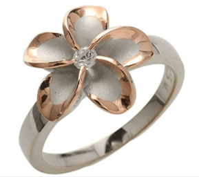 Dainty Sterling Silver Two Tone Rose Gold and Rhodium Plated 14mm Plumeria Ring with Clear CZ - Leilanis Attic