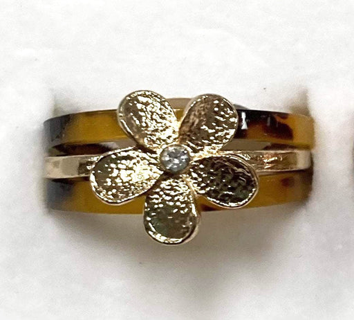 DK Hawaiian Collection Ring 7 / Brown Faux Turtle Shell Ring with Plumeria