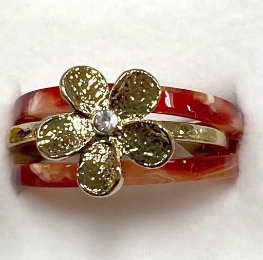 DK Hawaiian Collection Ring 7 / Red Faux Turtle Shell Ring with Plumeria