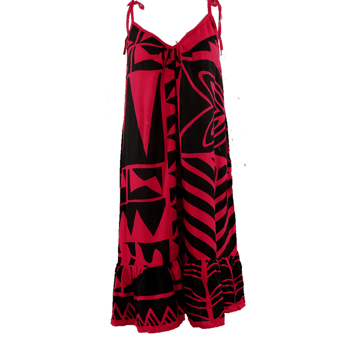Haiku Short Ruffle Dress - Pearl Tappa Red/Black - Leilanis Attic