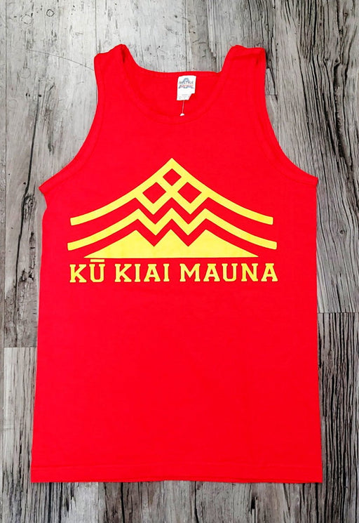 Leilanis Attic Tank - Mens S “Ku Kia'i Mauna” with Flag - Mens Red Tank Top